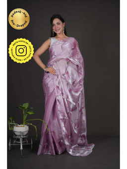 Isadora Life - Womens Floral Printed Lavender Pre-Draped Saree with Unstitched Blouse