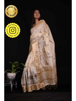 Isadora Life - Womens Embroidered Tassels Beige Pre-Draped Saree with Unstitched Blouse
