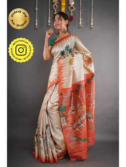 Isadora Life - Womens Printed Beige Pre-Draped Saree with Unstitched Blouse
