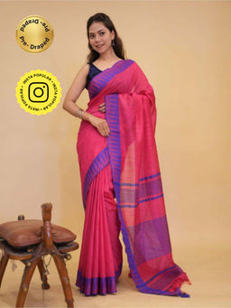 Isadora Life - Womens Woven Tassels Pink Pre-Draped Saree with Unstitched Blouse