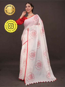 Isadora Life - Womens Floral Tassels White Pre-Draped Saree with Unstitched Blouse