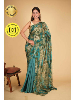 Isadora Life - Womens Floral Printed Green Pre-Draped Saree with Unstitched Blouse