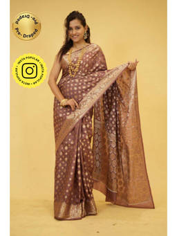 Isadora Life - Womens Woven Zari Brown Pre-Draped Saree with Unstitched Blouse