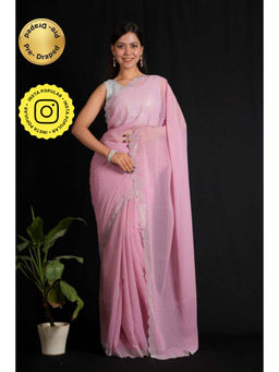 Isadora Life - Womens Beads Sequined Pink Pre-Draped Saree with Unstitched Blouse