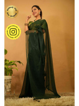 Isadora Life - Womens Solid Green Pre-Draped Saree with Unstitched Blouse