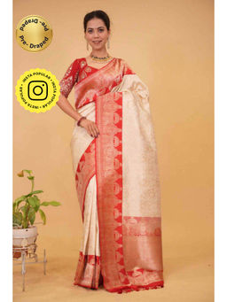 Isadora Life - Womens Woven Zari Ivory Pre-Draped Saree with Unstitched Blouse