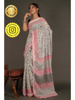 Isadora Life - Womens Printed Tassels White Pre-Draped Saree with Unstitched Blouse