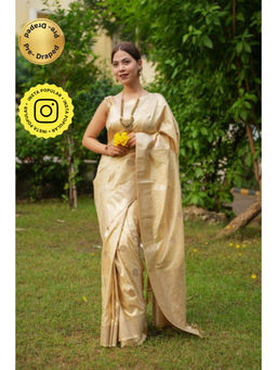 Isadora Life - Womens Woven Zari Beige Pre-Draped Saree with Unstitched Blouse