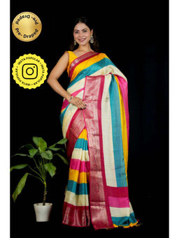 Isadora Life - Womens Stripes Tassels Multi-Color Pre-Draped Saree with Unstitched Blouse