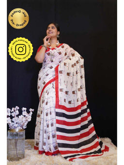 Isadora Life - Womens Printed White Pre-Draped Saree with Unstitched Blouse