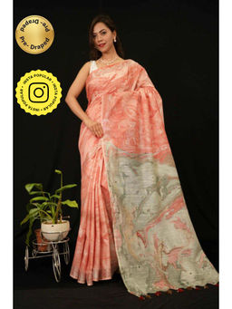 Isadora Life - Womens Printed Tassels Peach Pre-Draped Saree with Unstitched Blouse