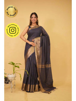 Isadora Life - Womens Checks Zari Navy Blue Pre-Draped Saree with Unstitched Blouse