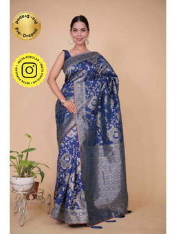 Isadora Life - Womens Printed Zari Blue Pre-Draped Saree with Unstitched Blouse