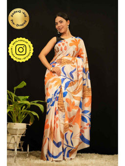 Isadora Life - Womens Printed Orange Pre-Draped Saree with Unstitched Blouse