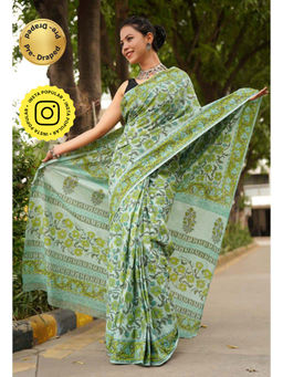 Isadora Life - Womens Floral Printed Green Pre-Draped Saree with Unstitched Blouse