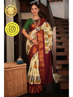 Isadora Life - Womens Floral Printed Cream Pre-Draped Saree with Unstitched Blouse