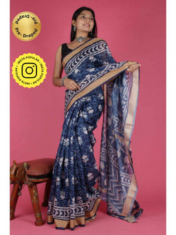 Isadora Life - Womens Printed Blue Pre-Draped Saree with Unstitched Blouse