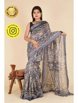 Isadora Life - Womens Printed Grey Pre-Draped Saree with Unstitched Blouse