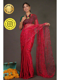 Isadora Life - Womens Bandhani Printed Red Pre-Draped Saree with Unstitched Blouse