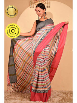 Isadora Life - Womens Striped Printed Multi-Color Pre-Draped Saree with Unstitched Blouse