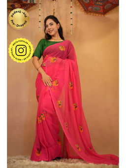 Isadora Life - Womens Embroidered Thread Work Pink Pre-Draped Saree with Unstitched Blouse