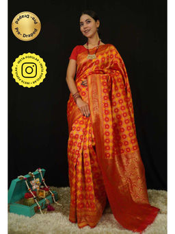 Isadora Life - Womens Printed Orange Pre-Draped Saree with Unstitched Blouse