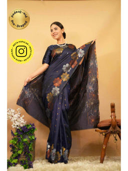 Isadora Life - Womens Floral Woven Navy Blue Pre-Draped Saree with Unstitched Blouse