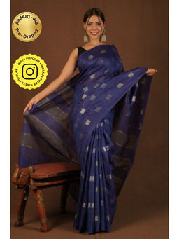 Isadora Life - Womens Woven Zari Navy Blue Pre-Draped Saree with Unstitched Blouse