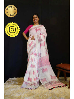 Isadora Life - Womens Printed Tassels White Pre-Draped Saree with Unstitched Blouse