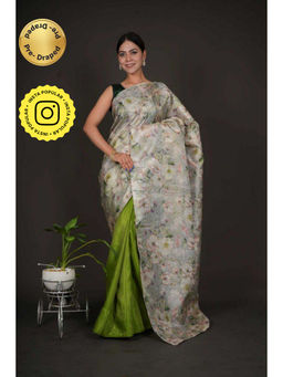 Isadora Life - Womens Floral Embroidered Green Pre-Draped Saree with Unstitched Blouse