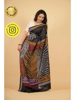 Isadora Life - Womens Printed Black Pre-Draped Saree with Unstitched Blouse