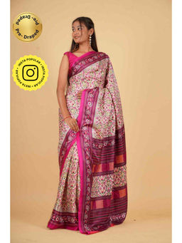 Isadora Life - Womens Floral Printed Cream Pre-Draped Saree with Unstitched Blouse