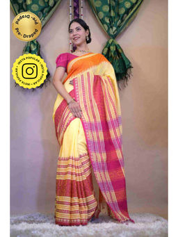 Isadora Life - Womens Stripes Tassels Yellow Pre-Draped Saree with Unstitched Blouse