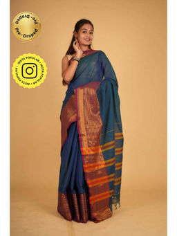 Isadora Life - Womens Stripes Woven Teal Pre-Draped Saree with Unstitched Blouse