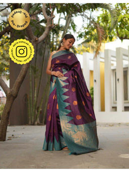 Isadora Life - Womens Woven Zari Purple Pre-Draped Saree with Unstitched Blouse