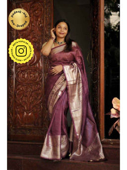 Isadora Life - Womens Woven Zari Purple Pre-Draped Saree with Unstitched Blouse