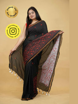 Isadora Life - Black Embroidered Pre-draped Saree With Unstitched Blouse
