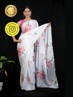Isadora Life - White Floral Pre-draped Saree With Unstitched Blouse