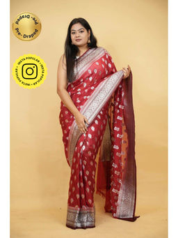Isadora Life - Red Woven Pre-Draped Saree with Unstitched Blouse