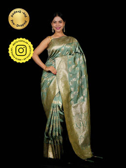Isadora Life - Green Woven Pre-Draped Saree with Unstitched Blouse