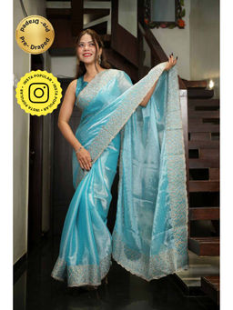 Isadora Life - Blue Embroidered Pre-Draped Saree with Unstitched Blouse