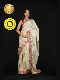 Isadora Life - Beige Embroidered Pre-Draped Saree with Unstitched Blouse