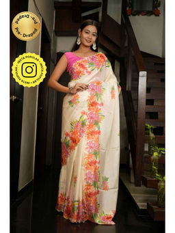 Isadora Life - Beige Floral Pre-Draped Saree with Unstitched Blouse