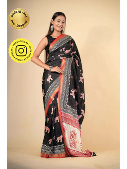 Isadora Life - Black Printed Pre-Draped Saree with Unstitched Blouse