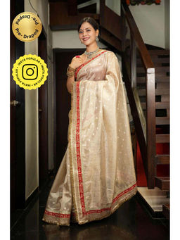Isadora Life - Beige Woven Pre-Draped Saree with Unstitched Blouse