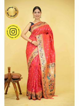Isadora Life - Red Woven Pre-Draped Saree with Unstitched Blouse