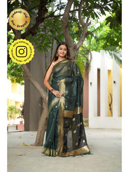 Isadora Life - Green Woven Pre-Draped Saree with Unstitched Blouse