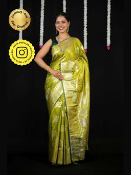 Isadora Life - Green Floral Pre-Draped Saree with Unstitched Blouse