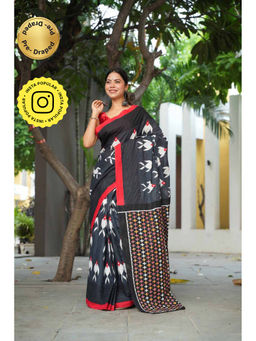 Isadora Life - Black Printed Pre-Draped Saree with Unstitched Blouse
