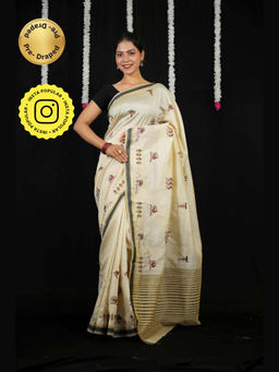 Isadora Life - Beige Embroidered Pre-Draped Saree with Unstitched Blouse